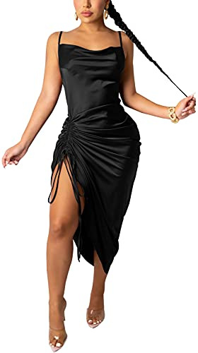WUSENST Women's Spaghetti Strap Satin Dress Sexy Backless Maxi Drawstring Ruched Split Hem Cocktail Evening Party, XX-Large