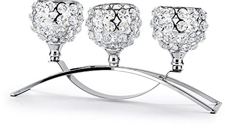 SUMTree 3-Arm Crystal Bowls Tealight Decorative Candelabra Candle Holder for Home Office Wedding Silver