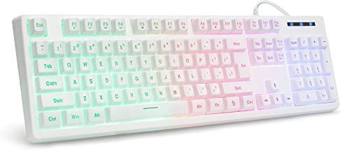 HUO JI White Gaming Keyboard USB Wired with Rainbow LED Backlit, Floating Keys, Mechanical Feeling, Spill Resistant, Ergonomic for Xbox, PS Series, Desktop, Computer, PC