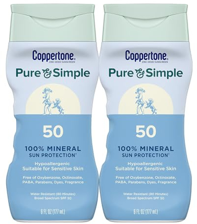 Coppertone Pure and Simple Zinc Oxide Mineral Sunscreen Lotion SPF 50, Water Resistant Sunscreen for Sensitive Skin, Hypoallergenic and Fragrance Free, 6 Fl Oz Bottle, Pack of 2