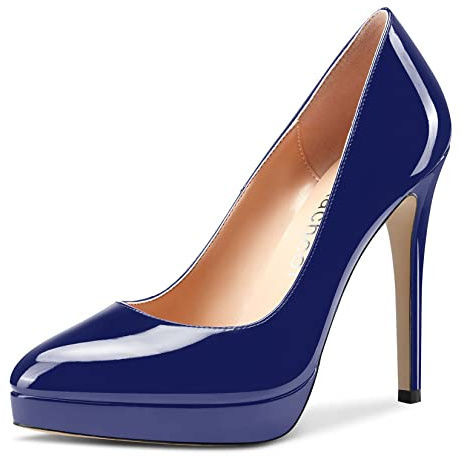 Aachcol Femmes Plate-Forme Aiguille Haut High Talon Heel Escarpins Fermé Pointu Bout Slip-on Chaussures Mariage Bureau Party Dress Classique 12 CM Bleu Marin Vernis 40 EU