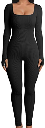 OQQ Women Long Sleeve Yoga Jumpsuits Workout Ribbed Bodysuits Pants Sexy One Piece Black