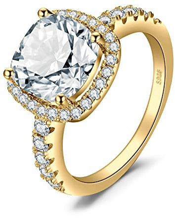 JewelryPalace Bague de Fiançailles Anneau d'Alliance pour Femme, Coussin 3ct Zircone Cubique en Argent 925, Plaque Or Jaune Mariage Promise Engagement Cadeau Anniversaire Magnifique, Bijoux femme,