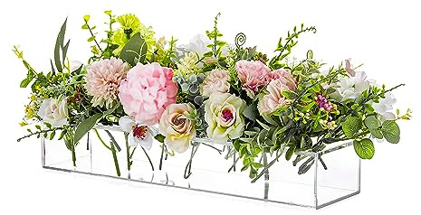 Rectangular Acrylic Vases for Centerpieces, 16 Inches Long Floral Vase with Holes for Flowers, Clear Rectangle Box Tray for Roses Modern Flower Arranger for Wedding Home Dining Table Decor, 1pcs