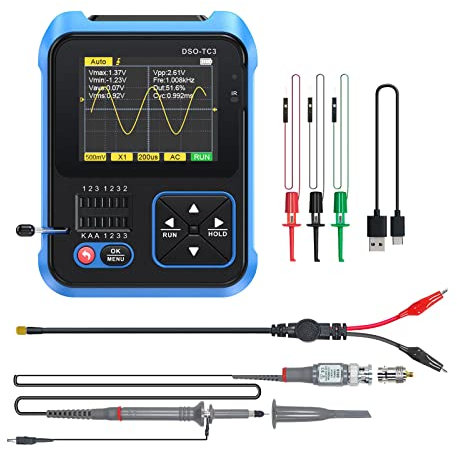 Digital Handheld Oscilloscope, DSO-TC3 3-in-1 Oscilloscope 500Khz Bandwidth 10MSa/s Sampling Rate DDS Signal Generator Transistor Tester, Trigger Function Auto/Normal/Single, 6 Waveforms