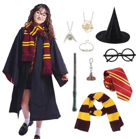 JMOCD Magier Robe, Cosplay Kostüm mit Magier Robe,Gestreifte Krawatte,Hut,Zauberstab,Halstuch,Brille,Vintage-Armband,Halskette,Schlüsselbund für Halloween Cosplay Karneval Verkleidung Party (155)