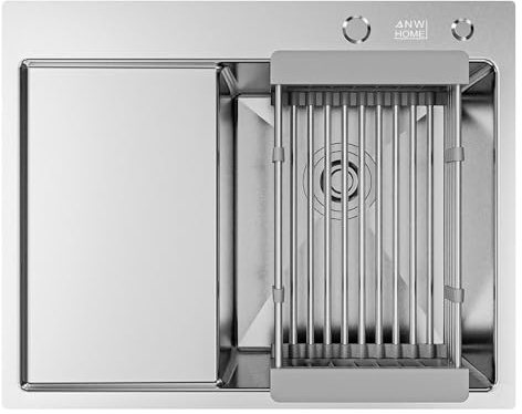 ANW HOME Fregadero Cocina 1 Seno 63x50 cm, Acero Inoxidable | Sobre Encimera, Con Escurridor, Revestimiento Nano, Grosor 3.0/1 mm, Con Sifón, Dosificador, Cesta