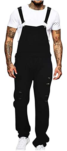 AMhomely Denim-Latzhose für Herren, UK-Jeans, Hose, lässig, einfarbig, zerrissener Overall mit Brusttasche, Denim-Latzhose, volle Länge, Cargohose, Büro, Arbeit, Freizeit, Jeans, 01 black, M