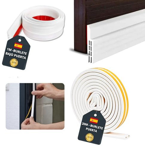 Burletes para puertas (20 Metros) + Burlete Bajo puerta (1 Metro) | Burlete puerta blanco que actúa como aislante térmico y acústico. Tira de sellado para puertas.
