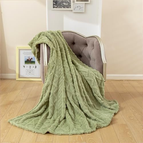 FANSU Kuscheldecke Jacquard Fleecedecke Warme Dicke Einfarbig Wohndecken Couchdecke Flauschig Überwurf Mikrofaser Tagesdecke Sofadecke Blanket Für Bett Sofa Schlafzimmer (150x200cm,Matcha-Grün)