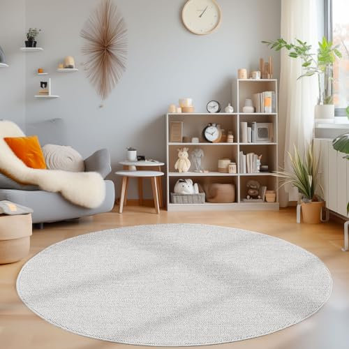 HomebyHome Runder Teppich Wohnzimmer Langlebig Robuster Teppich Cut-Loop Silber 200 cm Rund - Kurzflor Schlingenteppich Schlafzimmer Dekorativer Teppich Meliert Struktur Küchenteppich Schlingenflor