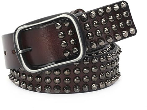 AKAFKKPYXSD Cinturones De Cuerocinturones De Cuero De Vaca con Tachuelas Cinturón Ajustable Hecho A Mano 4 Fila Cono Spike Y Remache Circular En Arreglo(105cm/waist:34~36, Brown)