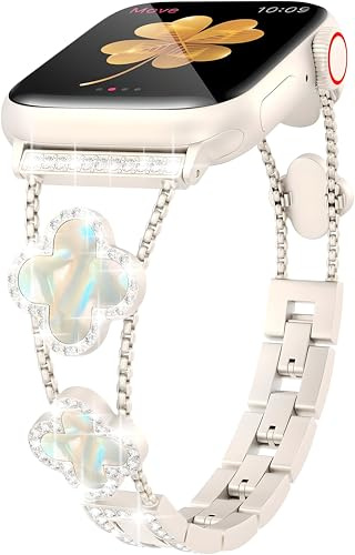 Women Bling Diamond Lucky Clover Band Compatible with Apple Watch Strap 38mm 40mm 41mm 42mm 42mm 45mm 46mm Series SE 11 10 9 8 7 6 5 4, Sparkle Diamond Bracelet Wristband, Dressy iWatch Band