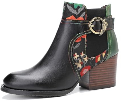SOCOFY Womens Boots Winter Ankle Booties Floral Block Heel Leather Western Boots Colorful Splicing Leather Boots Zipper Short Bohemian Casual Ankle Waterproof Boots for Women Walking,Wedding,Party,