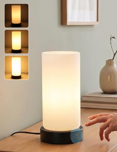 Bedside Lamps, Small Touch Glass Shade Dimmable Table Lamp for Bedroom | 3-Way Dim, 2700K Warm Light, Black Metal Base, Bulb Included, UK Mains Plug, Compact for Bedside Table Dorm Living Room