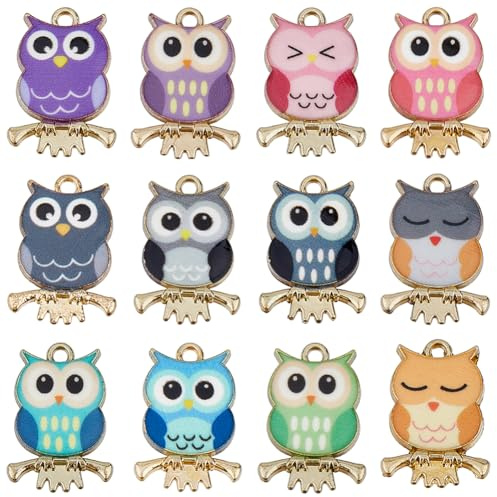 SUNNYCLUE 1 Box 48 Stück 12 Stile Eulenanhänger Aus Metalllegierung Vogelanhänger Großpackung Goldenes Metall Bunt Bemalt Tiere Vögel Eulen Anhänger Zur Schmuckherstellung Charms Armbänder Halsketten