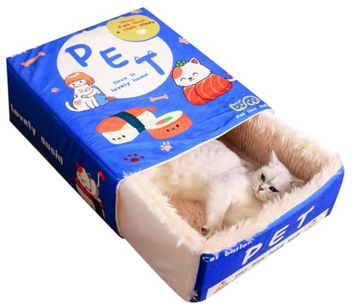 Katzenbett Snackbox-Form Haustierbett waschbar Katzenkissen Plüsch Wärmematte für Kleinen Hunde/Katze/Hasen 47CM X 37CM X 17CM (Blau)
