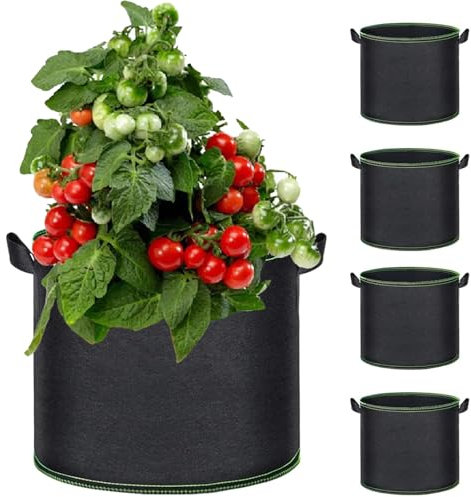 ROEOWENE 5PCS Sac de Plantation 20L/5 Gallons avec Poignées - Géotextile Non Tissé pour Pomme de Terre, Pots de Jardin, Plantes, Fleurs, Fraises
