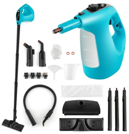 COSTWAY 1500W Pulitore a Vapore Portatile, Macchina a Vapore con Serbatoio d'Acqua da 400 ml Blocco per Bambini e Kit di Accessori da 14 Pezzi, 33x13x24,5 cm (Blu)