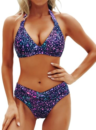 Yonique Zweiteiliger Damen-Badeanzug, Push-Up-Bikini-Set, Neckholder, Vintage-Bademode, Star Whole Sky, XL