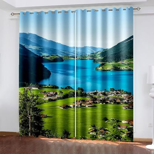 AMDXD Vorhang Blickdicht Outdoor, Dorf See Berg Vorhänge Muster Blickdicht B86 x H183 cm/Pcs (2er Pack), Thermovorhänge Kälteschutz Schallschutz Blau Grün 86x183cm