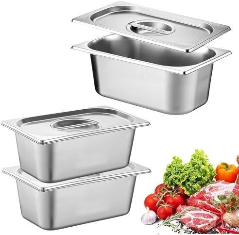 Juego de 3 recipientes gastronorm de acero inoxidable para empanar con tapa, bandeja para empanar rectangular, recipiente para la cocina, juego de empanado apilable, tamaño 1/9, 17,6 x 10,8 x 10 cm