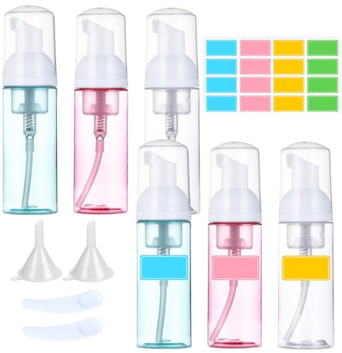 Xerteam 6 dispenser di schiuma da 60 ml, 6 bottiglie di schiuma + 2 imbuti + 2 cucchiai di panna + 160 etichette di medie dimensioni, dispenser di sapone in schiuma, bottiglie per shampoo e gel doccia