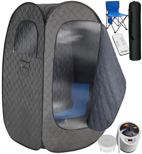 TecTake® Sauna Portatil de Vapor 2L con 1000W, 15 Niveles de Temperatura, Temporizador, Sauna Plegable, Mando a Distancia, Silla Plegable, Bolsas de Transporte, Vaporizador - Gris