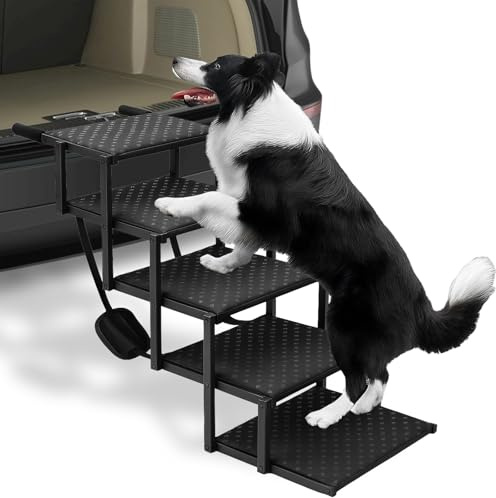 5 nivåer hundtrappa bil vikbar – hundrampstöd upp till 100 kg med justerbar höjd 44–72 cm, ledskonande trappa för små medelstora, stora hundar, halkfri hundtrappa