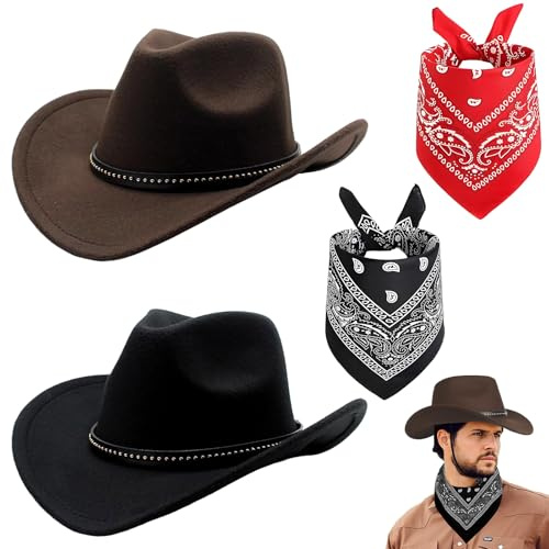 4PC Cowboy Hats Black Brown,Cowboy Hat Women,Felt Western Hats & Bandanas