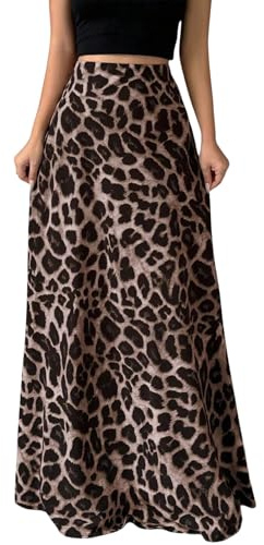 GORGLITTER Lejon kjol för kvinnor elegant maxikjol med leopardmönster lång kjol med elastiskt band fritidskjol höstkjol festival outfit, leopard parden, S