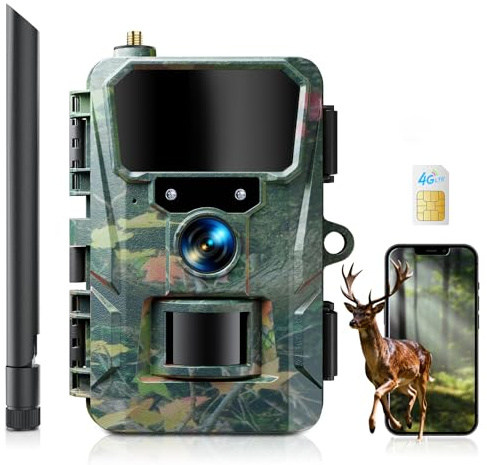 WOLFANG Fototrappola 4G con SIM, 2K 48MP HD Fotocamera Caccia con Infrarossi Rilevatore di Movimento Visione Notturna IP66 Impermeabile per la l'osservazione la Fauna