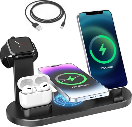 6 in 1 Wireless Charging Station for Multiple Devices - 15W, 5V Portable Charger with Built in Cable, USB for Phones Watch Earbuds - 360° Rotating Phone Charger Stand for 3 Types of Devices