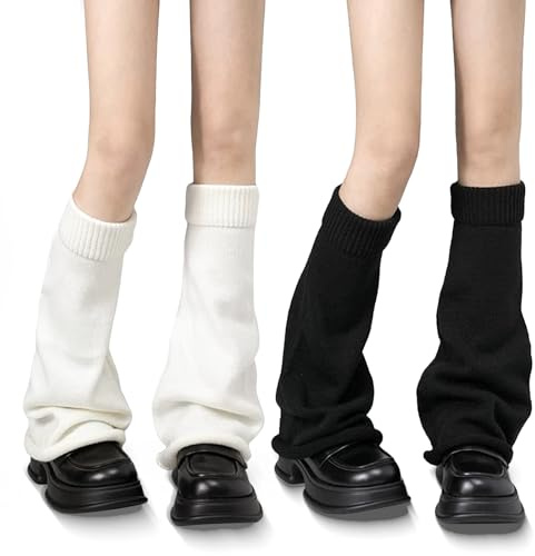 Yxelydriail 2 Pairs Long Knitted Leg Warmers 80s Y2K, Soft Long Leg Warmers Ladies, Retro 8090s UK Womens Ankle Warmers for Ballet Yoga Ice Skating Festival Outdoor (Black+White, One Size)