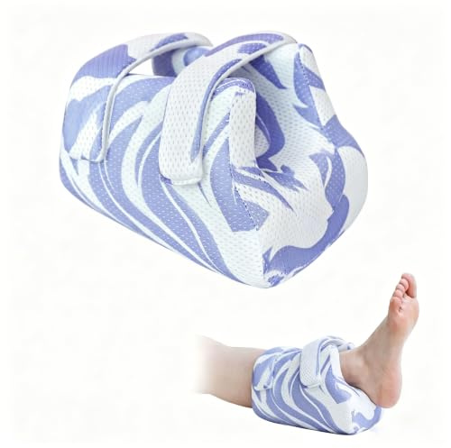 Ehucon Protecteur de Talon 3D contre les escarres, coussin de soutien et d’élévation de la cheville pour personnes âgées ou alitées, motif chaud – 1 pièce (Motif à Rayures Bleues)