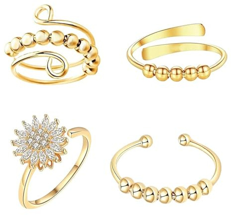 Yuwnd 3 Stück Anti Stress Ring, Verstellbarer Fidget Anxiety Ring für Damen & Herren mit Perlen, Antistress Ring für Alltag, Reisen, Arbeiten und Geschäftsreisen (Goldfarbe)