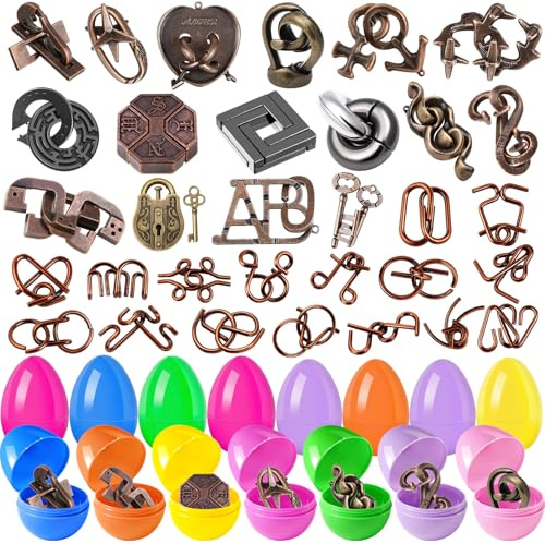 Paquete de 32 rompecabezas para el cerebro y huevos de Pascua coloridos, desafiantes rompecabezas de alambre de metal para niños y adultos, rellenos de cestas de Pascua, juegos de lógica familiar