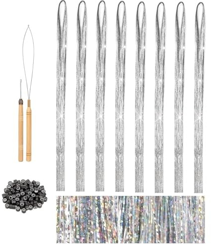 Touosy 2400 Hair Tinsel, 120cm Glitzer Haarsträhnen mit Werkzeug und Zubehör, Haar Lametta zum Flechten für Haare Festival Party Haar Glitzer Tinsel Fairy Hair Cosplay Zubehör (Silber)