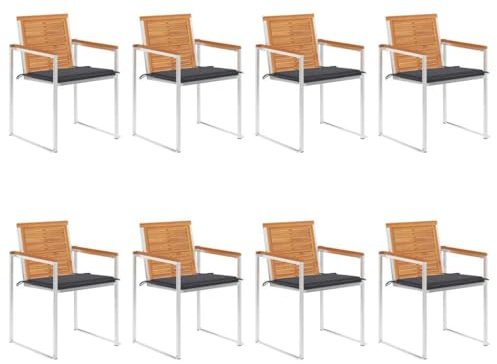 Mokuyary Trädgårdsstolar, set om 8 med kuddar, massivt trä, akacia balkongstol, terrassstolar, matstolar för terrass, trädgård, balkong – A