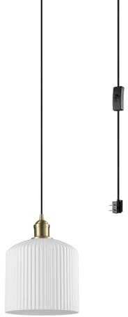 Globe Electric 1-Light Plug-in Pendant Light, White Resin Shade, 15ft Fabric Cord & in-Line Switch, Modern Minimalist Lighting for Office, Bedroom, or Reading Nook