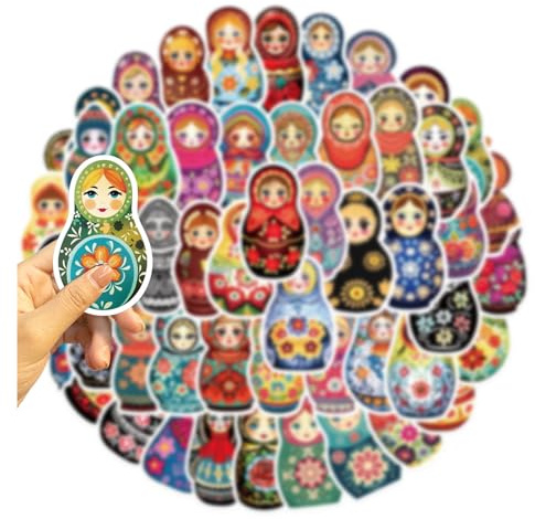 CCYLEZ Autocollants de Poupées Gigognes Russes, Décalcomanies Matryoshka en PVC Imperméables pour Scellage d'enveloppe de Scrapbook, Décor d'emballage Cadeau, 50 Feuilles (50 feuilles/paquet)