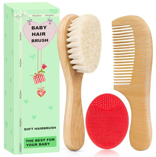 Molylove 3 st babyhårborste och kam set för nyfödda och småbarn | babyborste i trä med mjuka getborst l träkam l röd Cradle Cap borste | Perfekt för Cradle Cap