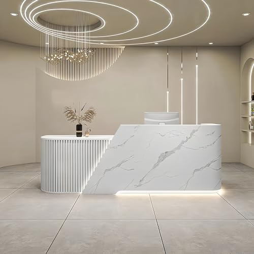 Receptionsdisk, 182 cm (72 tum) lådräknare med randig dekoration med dold LED-belysning mottagningsdisk med dold LED-belysning, tangentbordsstativ och lådor för skönhetssalong, salt