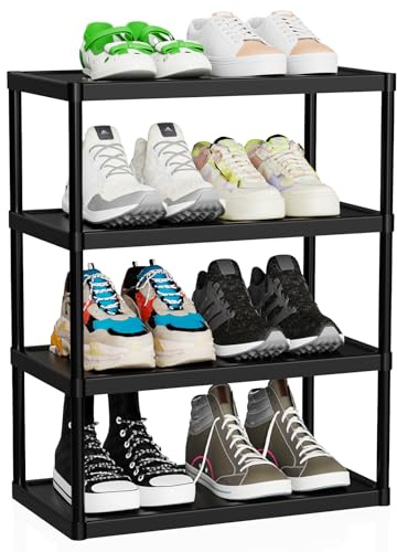 SZSHUNJ 4 Ebenen Kleines Schuhregal Schmal, Platzsparendes Vertikales Schuh Regal, Stapelbares Kunststoff-Schuhregal, Standregal für Flur, Schlafzimmer, Kleiderschrank, Wohnheim, Schwarz