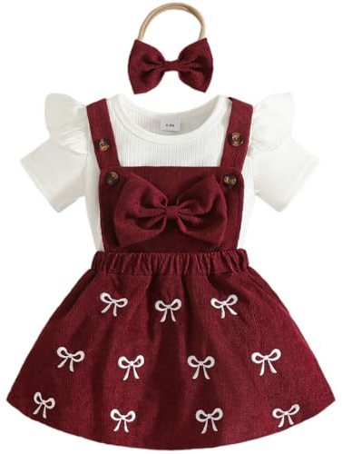 Eqenkely Conjunto Faldas para Niñas Recién Nacidas Top con Volantes Manga Corta+ Falda Lazo con Tirantes + Diadema 3 Piezas Ropa Trajes para Verano