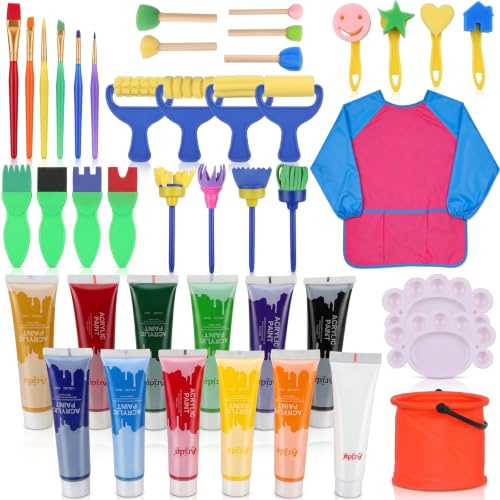 Serryeo 43 Stück Fingerfarben für Kinder Set, 12 Farben waschbare Fingerfarben je 35 ml, Schwamm Malerei Pinsel Stempel Pinsel Set mit wasserdichte Schürze, Kindersicheres Fingermalset