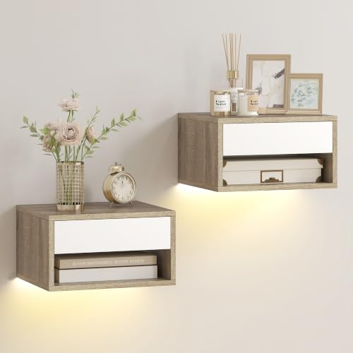 HOMCOM Lot de 2 Tables de Chevet Suspendues Éclairage LED RGB Bois de Teck | Contrôle par Application, Tables de Nuit Murales, Compartiment Ouvert, 1 Tiroir, pour Chambre, Salon, 37x32x21cm