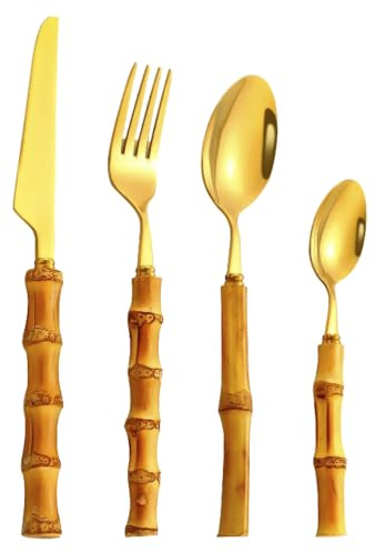 EME Set de Cubiertos Bambú Natural 24 piezas Acero Inoxidable acabado dorado. Incluye: 6 cuchillos de mesa, 6 cucharas de mesa, 6 tenedores de mesa y 6 cucharas de postre.
