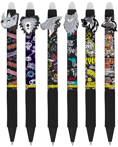 Online 6x stylo roller effaçable set animaux en colère, encre gel bleu magiXX Fun, ergonomique avec partie soft grip, rechargeable, ideal pour enfants et pour l'école, pointe moyenne