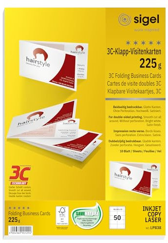 SIGEL LP838 Klapp-Visitenkarten 3C, 50 Stück = 10 Blatt, beidseitig bedruckbar, hochweiß, glatter Schnitt rundum, 180x55 mm